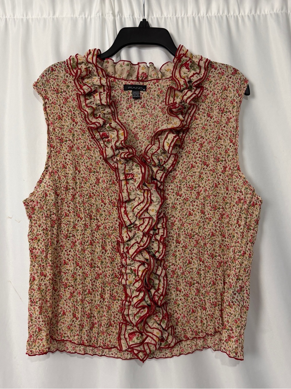 Vintage PIANO Top XL Y2K Pink Red Ditsy Floral Crinkled Chiffon Ruffle V-Neck